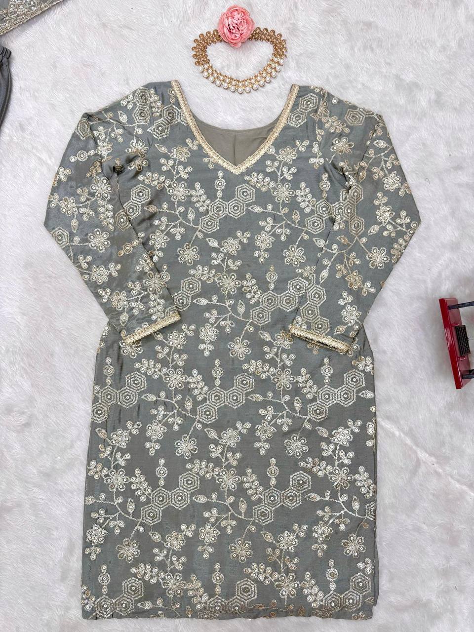 Agnija gray or grey Chinon silk sharara suit set for women, featuring thread and sequin embroidery on kurti and dupatta, stitched sharara pants with soft micro lining – perfect festive and wedding ethnic outfit for 2025.